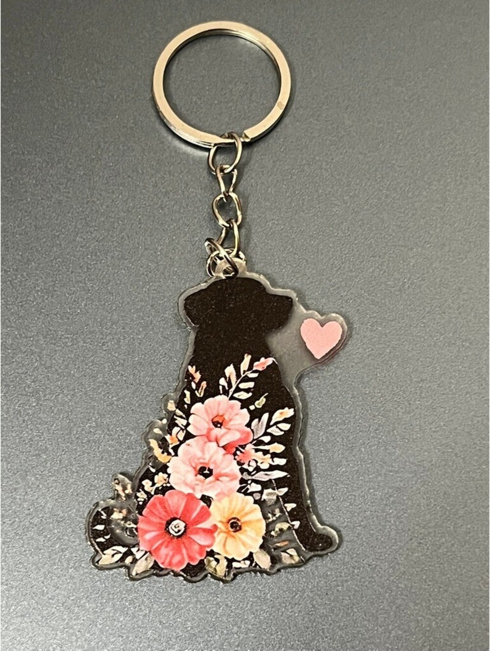 Cute Floral Dog Silhouette Acrylic Keychain with Heart Charm